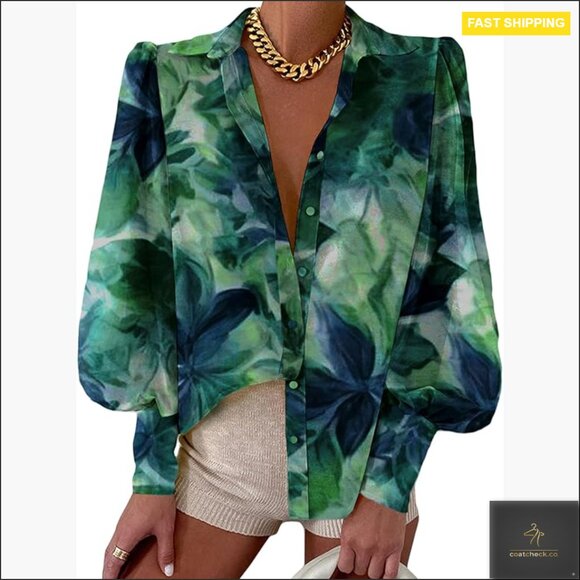 Tops - Long Sleeve V-Neck Button Down Blouse, Boho Print, Relaxed Fit, Dressy Casual